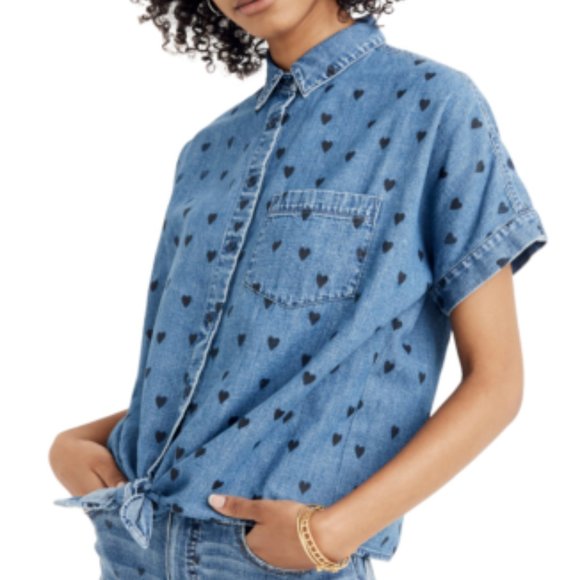 Madewell Womens Denim Tie Front Heart Print Shirt Medium - Picture 1 of 11